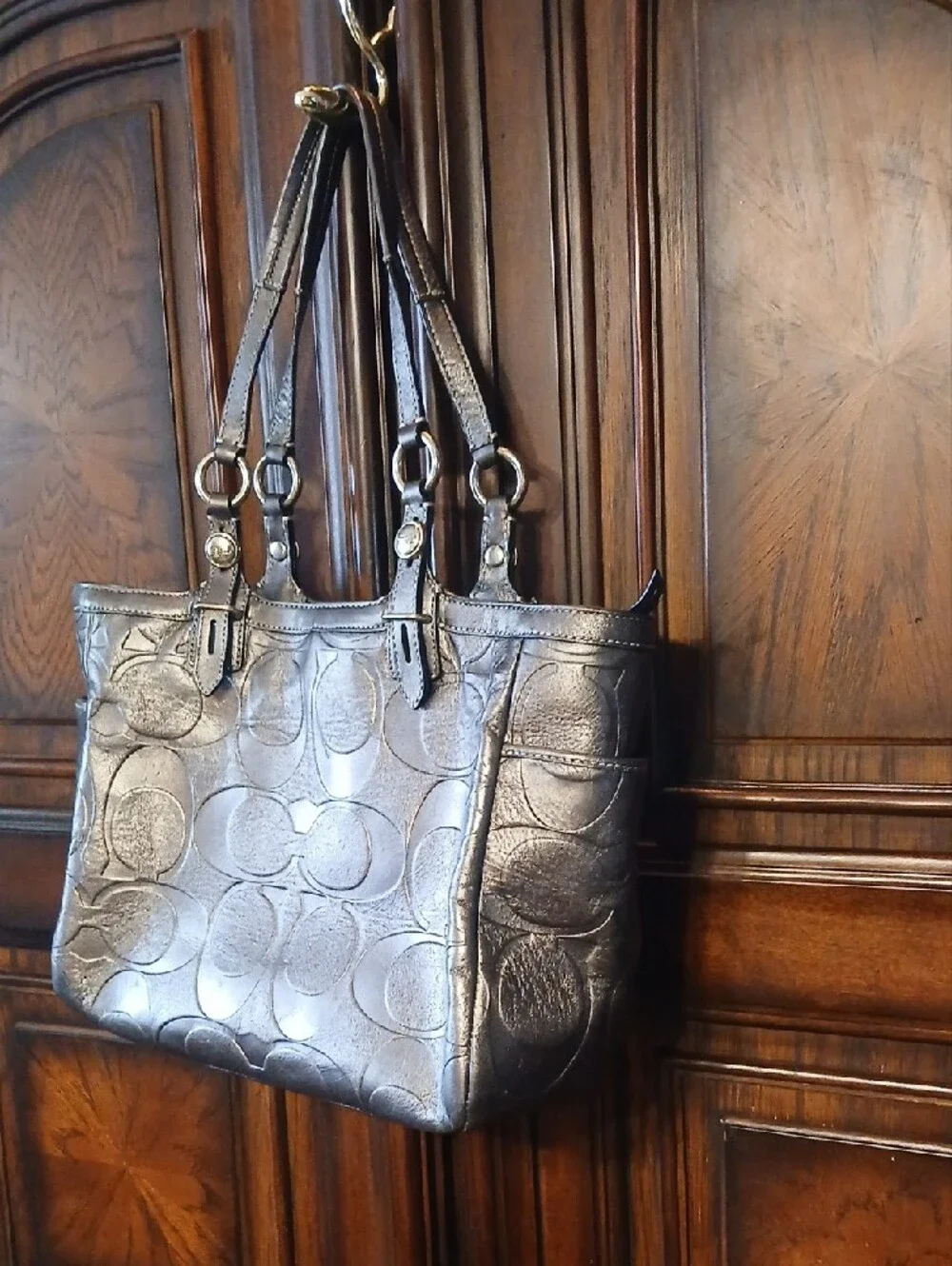 Coach Metallic Pewter Embossed Logo Shoulder Bag - Picture 2 of 6